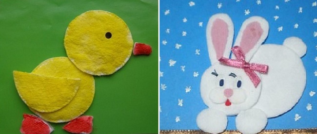 Заяц. Аппликации из цветного картона для детей 2 - 3 лет. Поделки из ватных дисков.